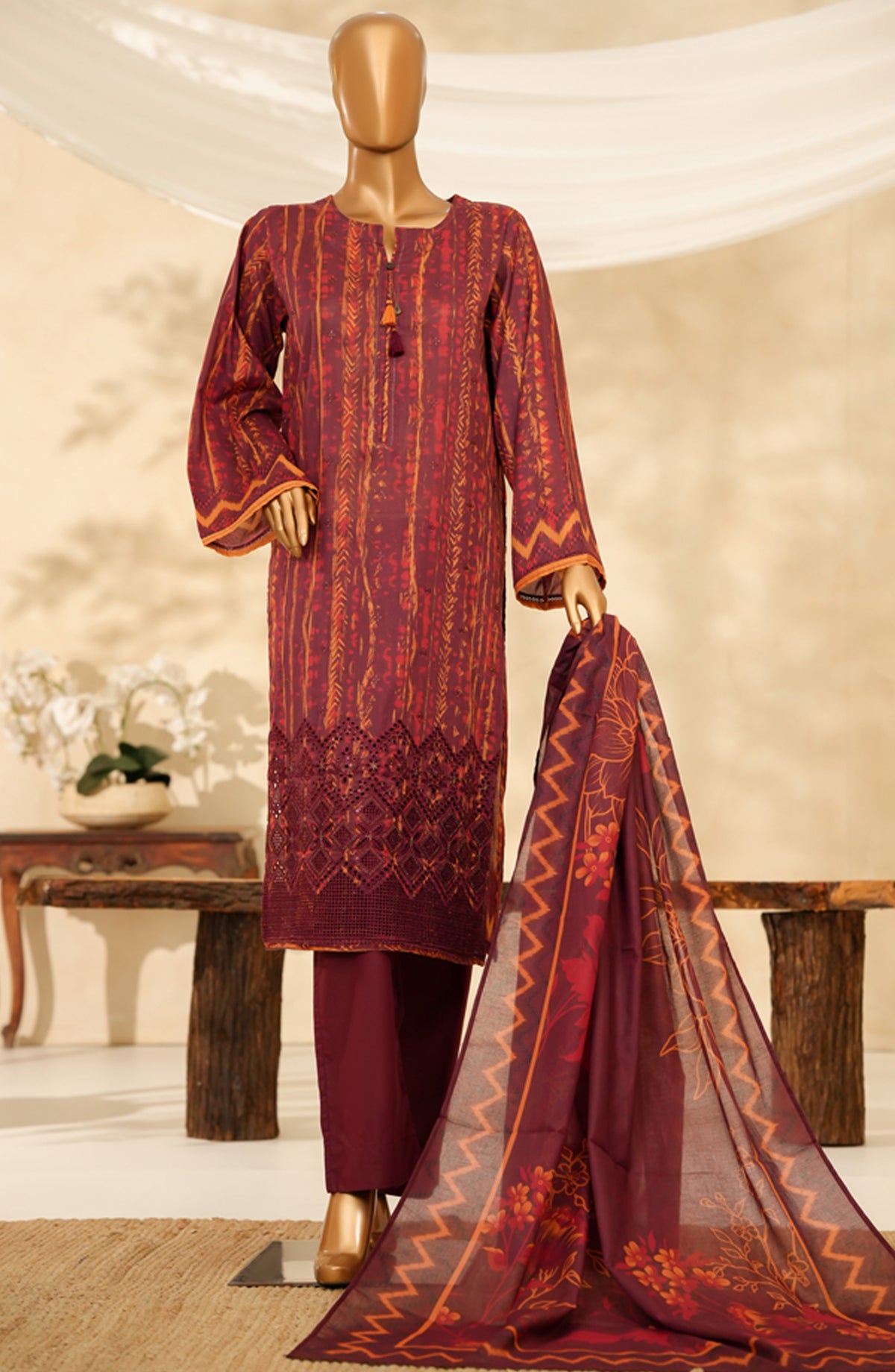 HZ Printkari Embroidered Chikankari Cambric Stitched 3 Piece Suit - LPK-3P-529 - HZ25KRI - Rust Maroon - Casual Collection