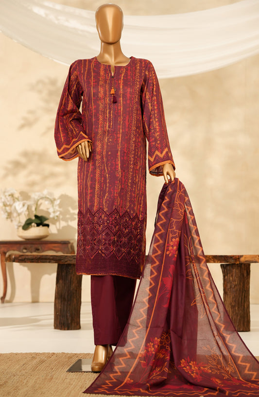 HZ Printkari Embroidered Chikankari Cambric Stitched 3 Piece Suit - LPK-3P-529 - HZ25KRI - Rust Maroon - Casual Collection