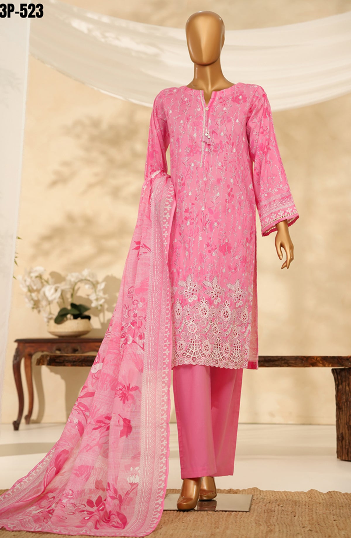 HZ Printkari Embroidered Chikankari Cambric Stitched 3 Piece Suit - LPK-3P-523 - HZ25KRI - Pink - Casual Collection