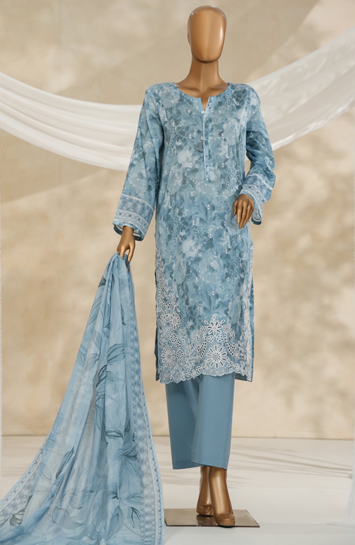 HZ Printkari Embroidered Chikankari Cambric Stitched 3 Piece Suit - LPK-3P-528 - HZ25KRI - Bablue - Casual Collection