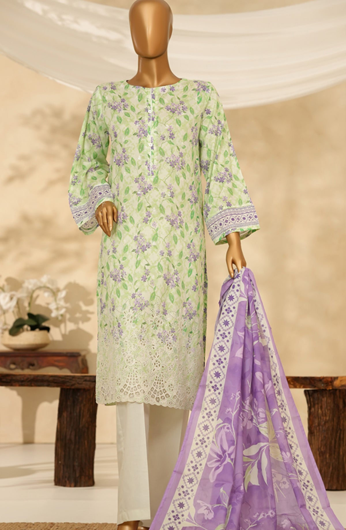 HZ Printkari Embroidered Chikankari Cambric Stitched 3 Piece Suit - LPK-3P-524 - HZ25KRI - Green - Casual Collection