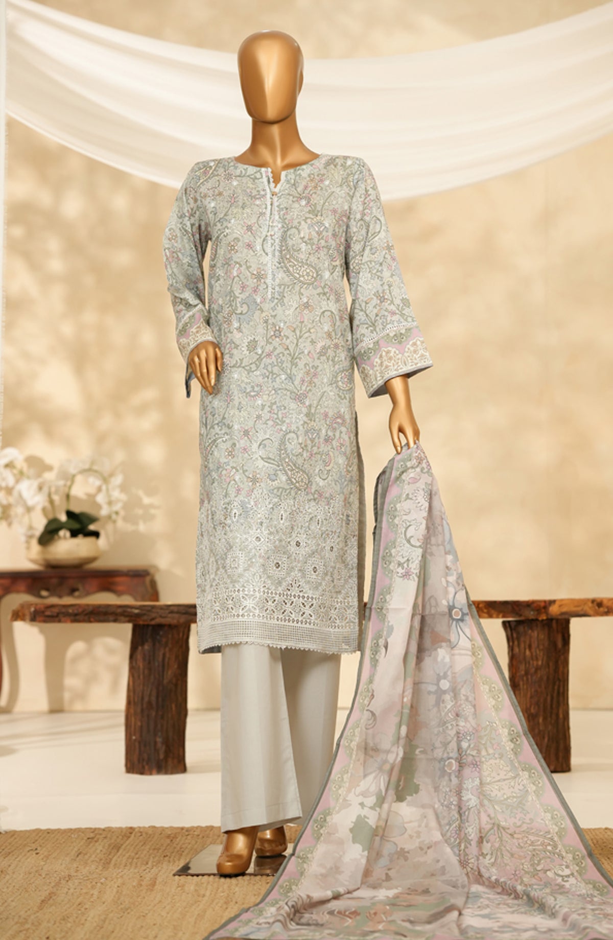 HZ Printkari Embroidered Chikankari Cambric Stitched 3 Piece Suit - LPK-3P-527 - HZ25KRI - Cream Multi - Casual Collection