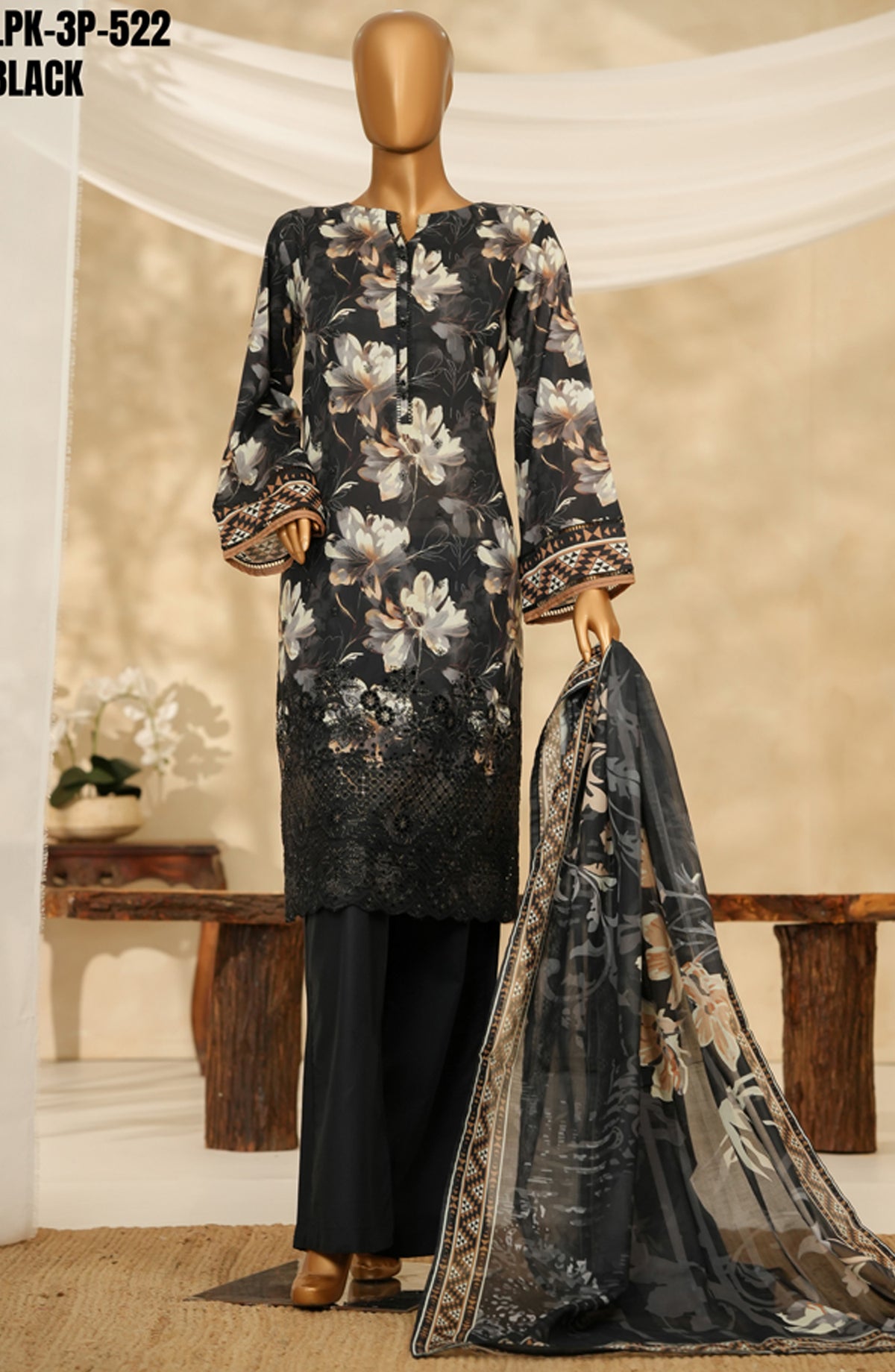 HZ Printkari Embroidered Chikankari Cambric Stitched 3 Piece Suit - LPK-3P-522 - HZ25KRI - Black - Casual Collection