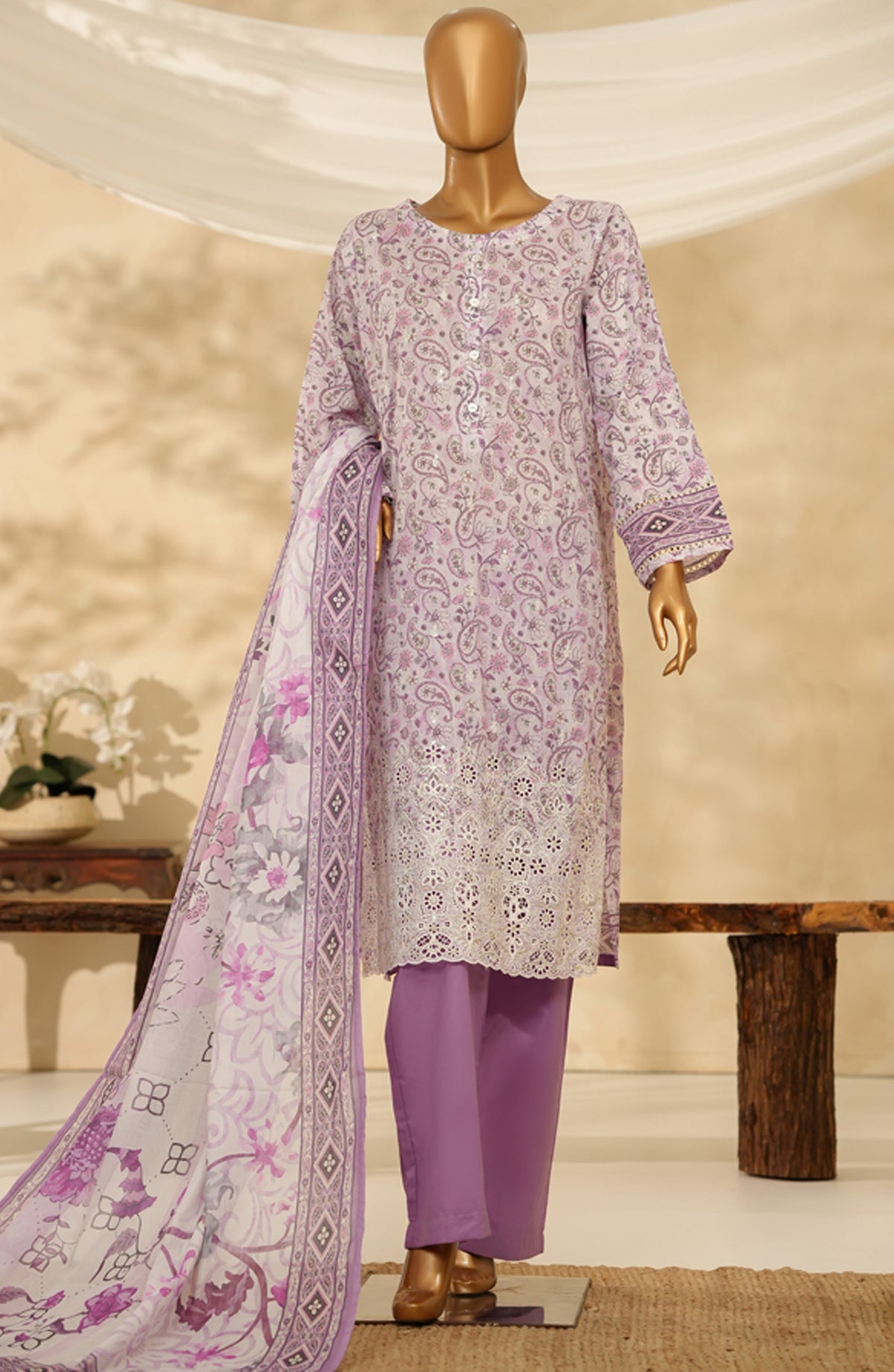 HZ Printkari Embroidered Chikankari Cambric Stitched 3 Piece Suit - LPK-3P-525 - HZ25KRI - Lavender - Casual Collection