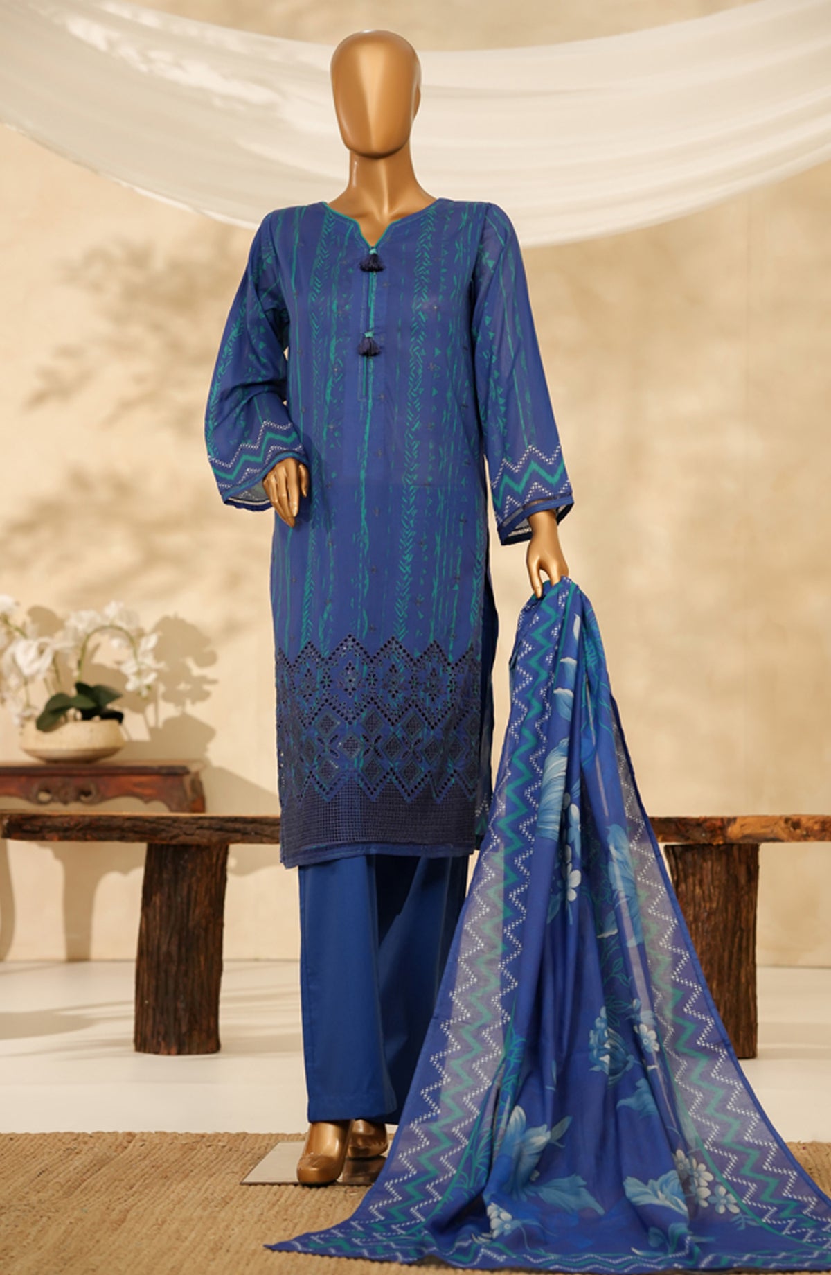 HZ Printkari Embroidered Chikankari Cambric Stitched 3 Piece Suit - LPK-3P-530 - HZ25KRI - Ink Blue - Casual Collection