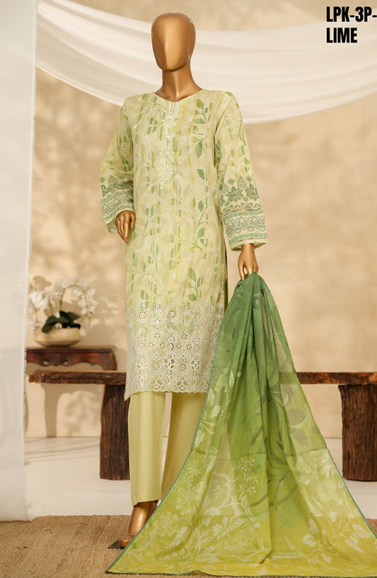 HZ Printkari Embroidered Chikankari Cambric Stitched 3 Piece Suit - LPK-3P-526 - HZ25KRI - Lime - Casual Collection