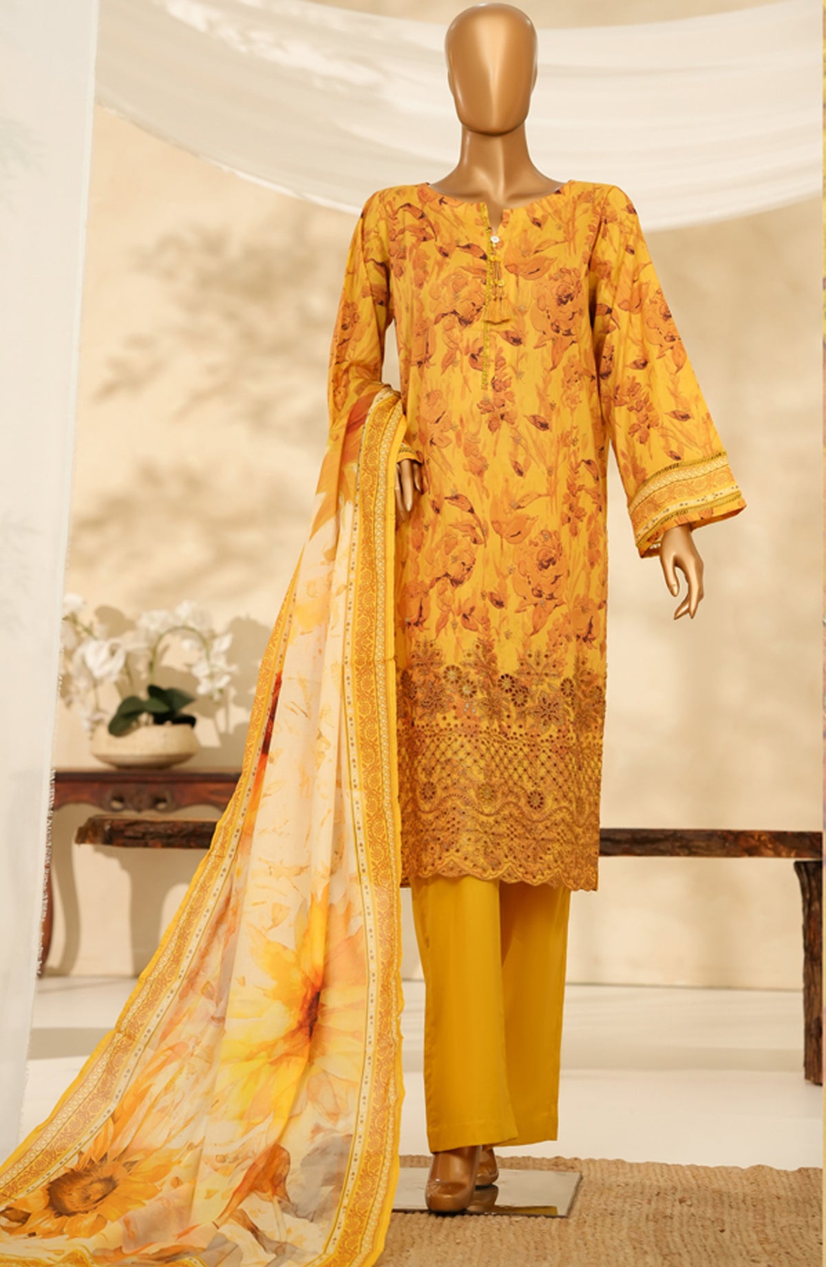 HZ Printkari Embroidered Chikankari Cambric Stitched 3 Piece Suit - LPK-3P-521 - HZ25KRI - Mustard - Casual Collection
