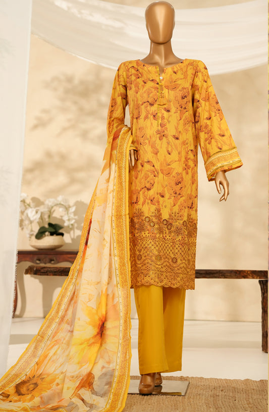 HZ Printkari Embroidered Chikankari Cambric Stitched 3 Piece Suit - LPK-3P-521 - HZ25KRI - Mustard - Casual Collection