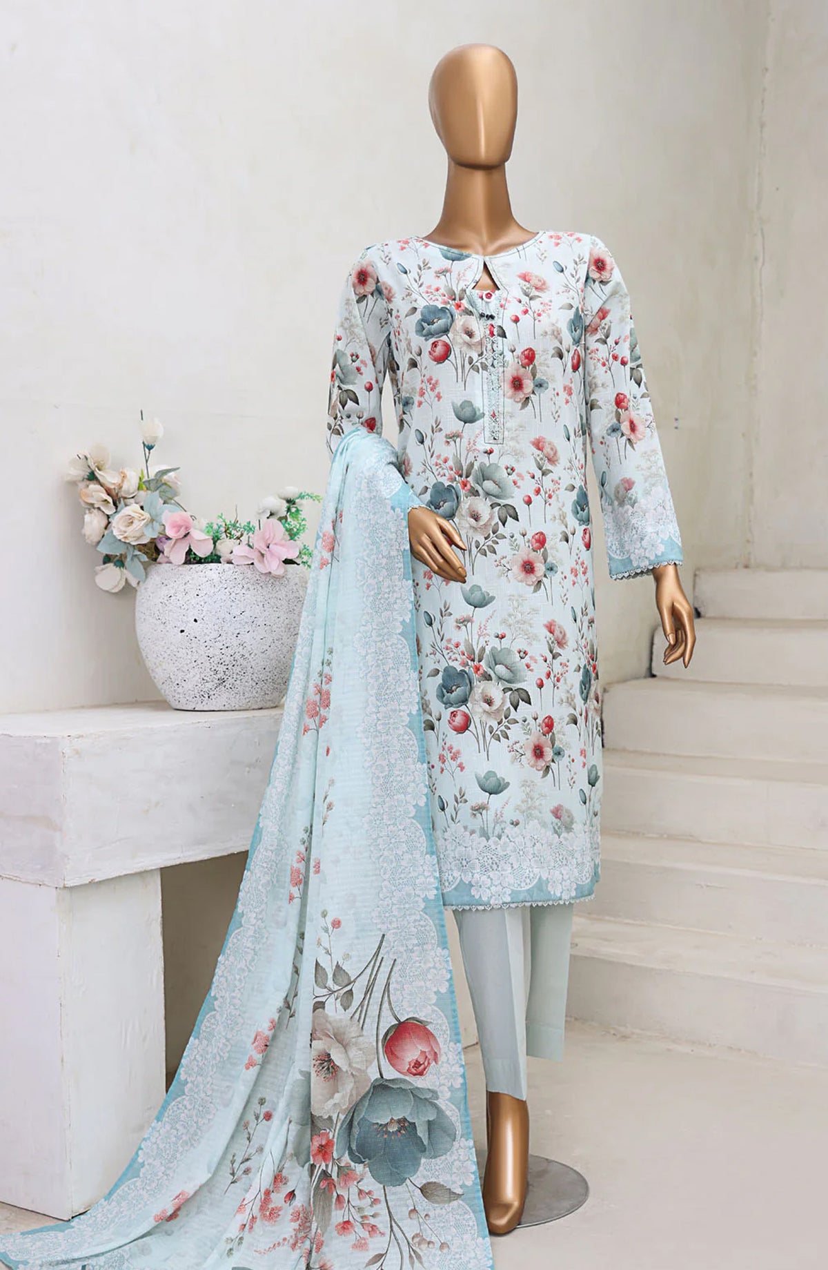 HZ Textile Digital Printed Cross Slub Unstitched 3 Piece Suit - PWC-101 - HZ25CRS - Ice Blue - Pre Winter Collection