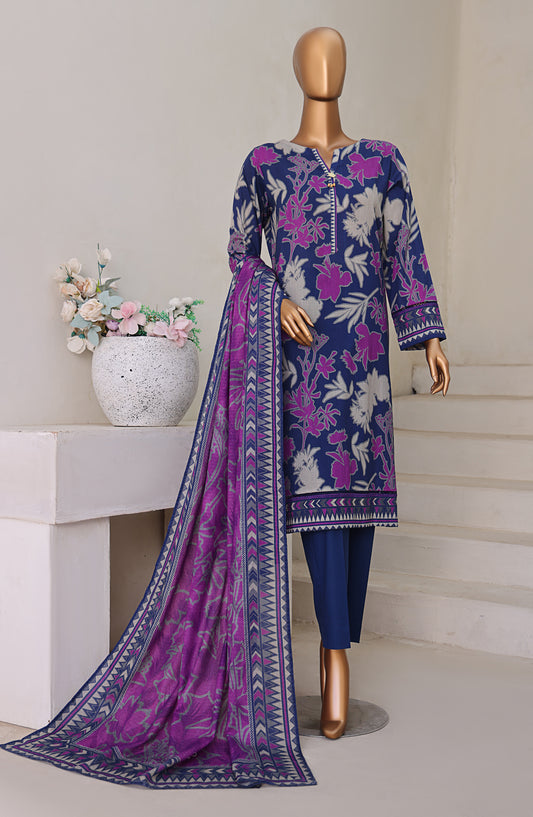 HZ Textile Digital Printed Cross Slub Unstitched 3 Piece Suit - PWC-103 - HZ25CRS - Blue - Pre Winter Collection