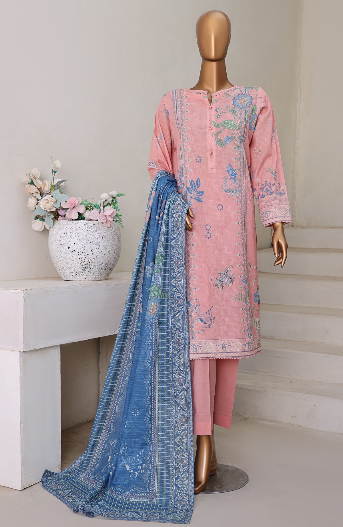 HZ Textile Digital Printed Cross Slub Unstitched 3 Piece Suit - PWC-104 - HZ25CRS - Pink - Pre Winter Collection