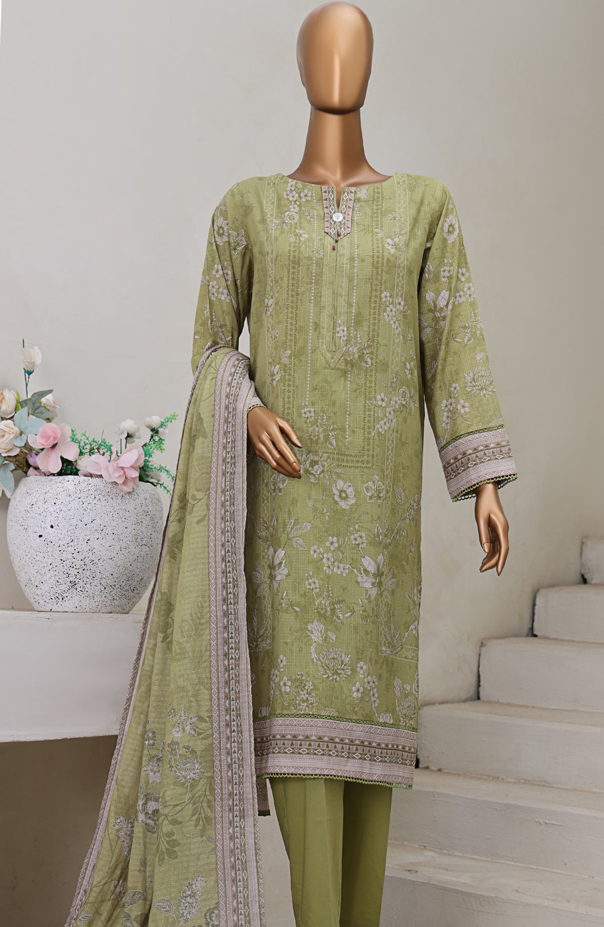 HZ Textile Digital Printed Cross Slub Unstitched 3 Piece Suit - PWC-105 - HZ25CRS - Green - Pre Winter Collection