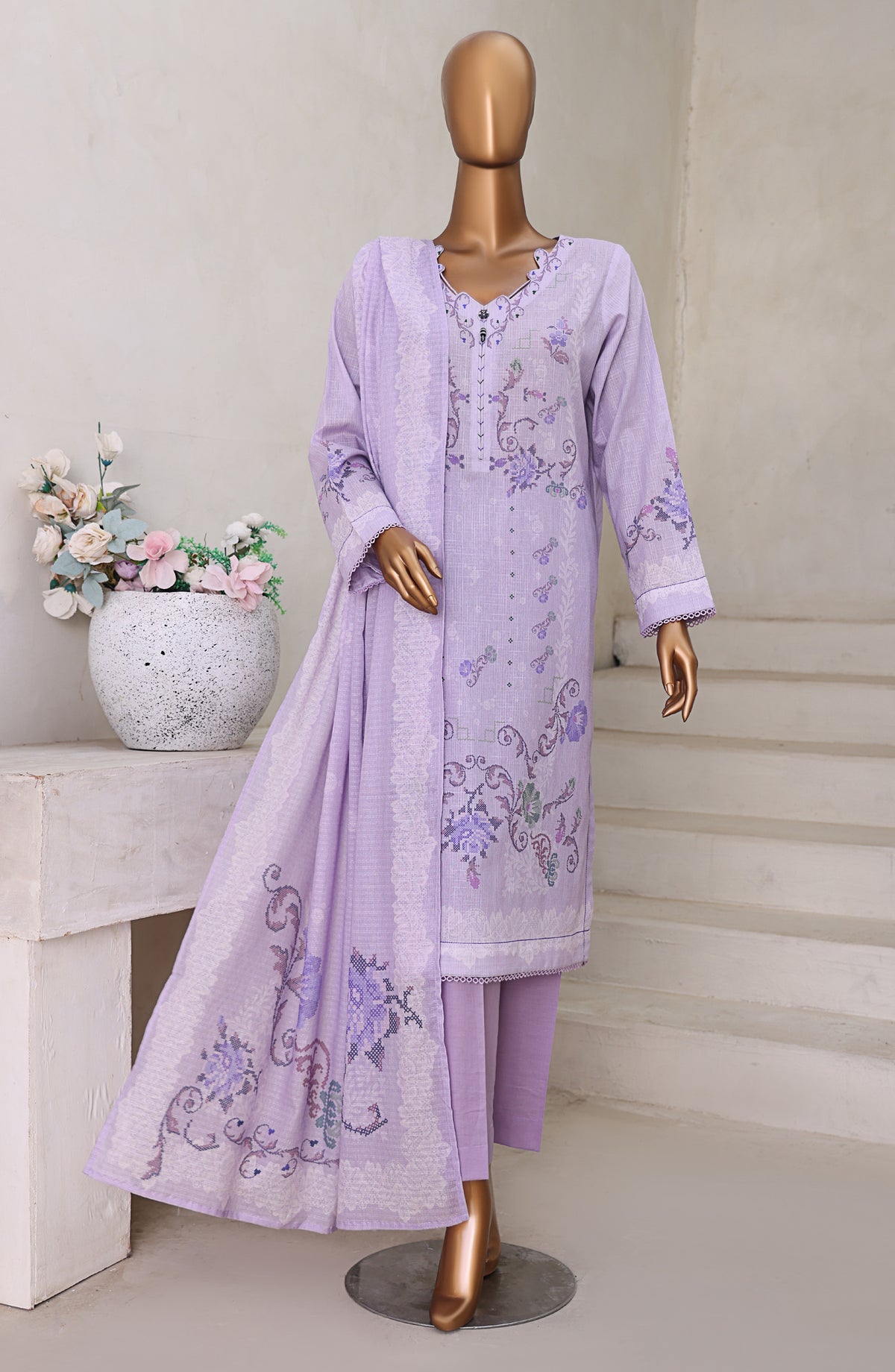 HZ Textile Digital Printed Cross Slub Unstitched 3 Piece Suit - PWC-106 - HZ25CRS - Purple - Pre Winter Collection