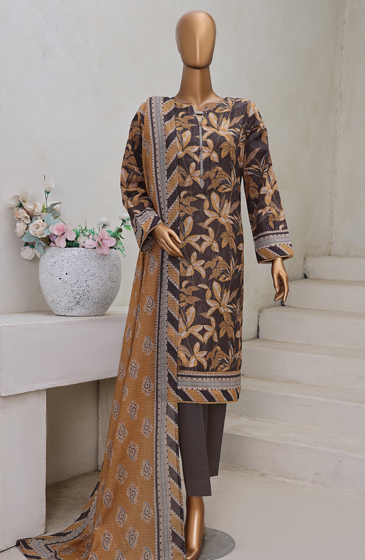HZ Textile Digital Printed Cross Slub Unstitched 3 Piece Suit - PWC-108 - HZ25CRS - Brown - Pre Winter Collection