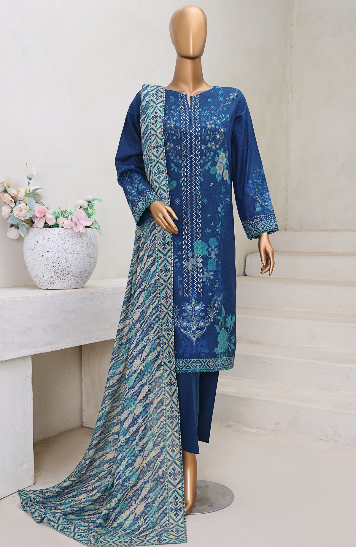 HZ Textile Digital Printed Cross Slub Unstitched 3 Piece Suit - PWC-109 - HZ25CRS - Blue - Pre Winter Collection