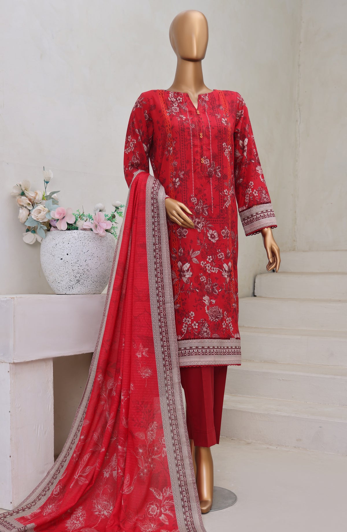 HZ Textile Digital Printed Cross Slub Unstitched 3 Piece Suit - PWC-110 - HZ25CRS - Red - Pre Winter Collection