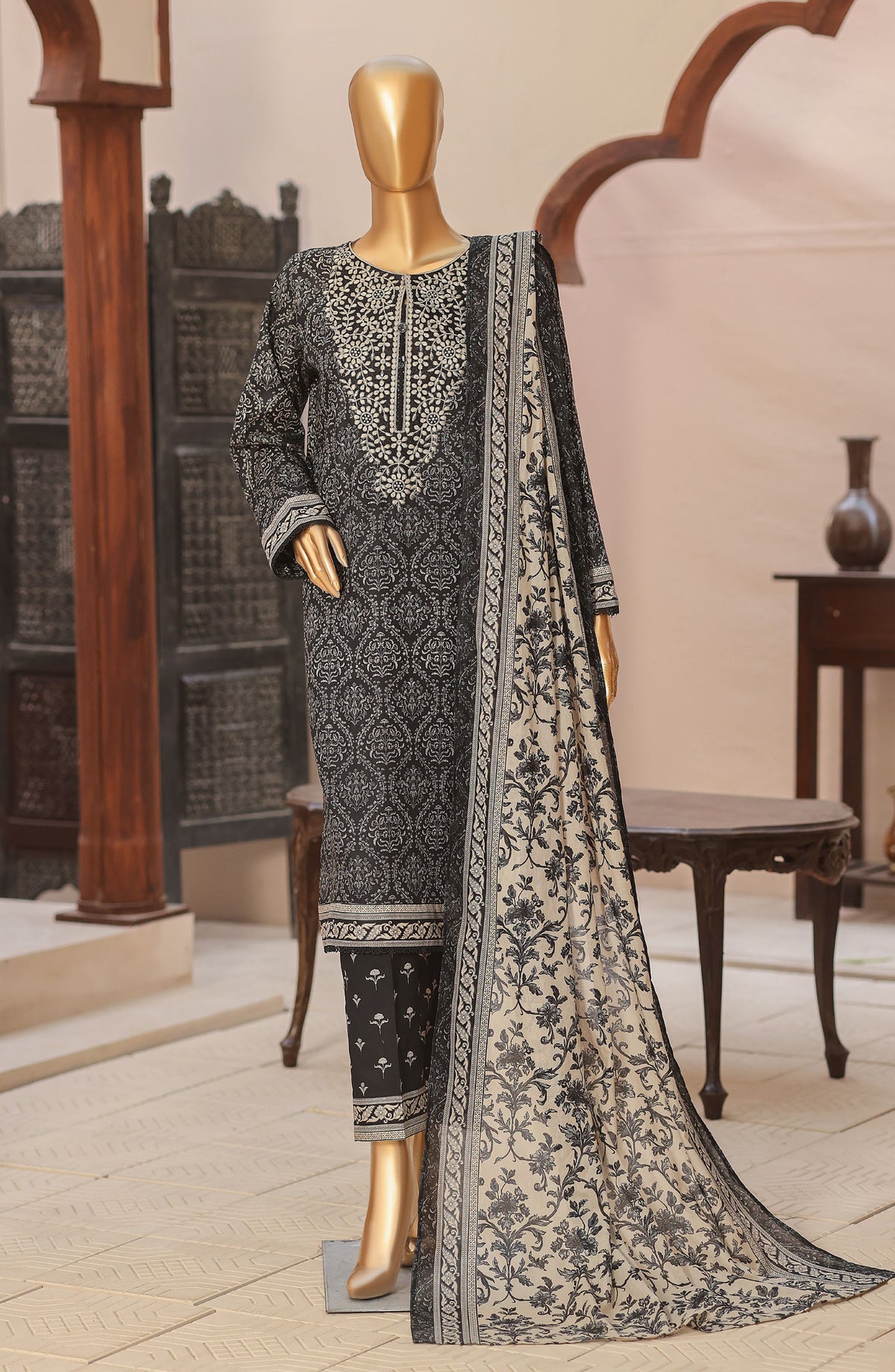 HZ Textile Premium Embroidered Lawn Unstitched 3 Piece Suit - Design-06 - HZ26DWR - Black - Summer Collection