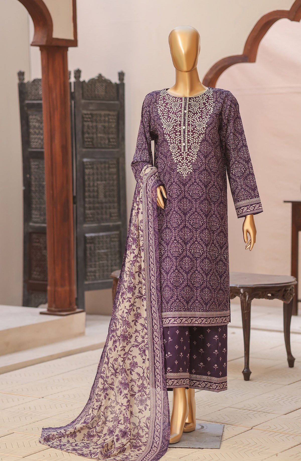 HZ Textile Premium Embroidered Lawn Unstitched 3 Piece Suit - Design-05 - HZ26DWR - Purple - Summer Collection