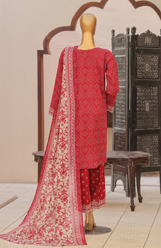 HZ Textile Premium Embroidered Lawn Unstitched 3 Piece Suit - Design-03 - HZ26DWR - Red - Summer Collection