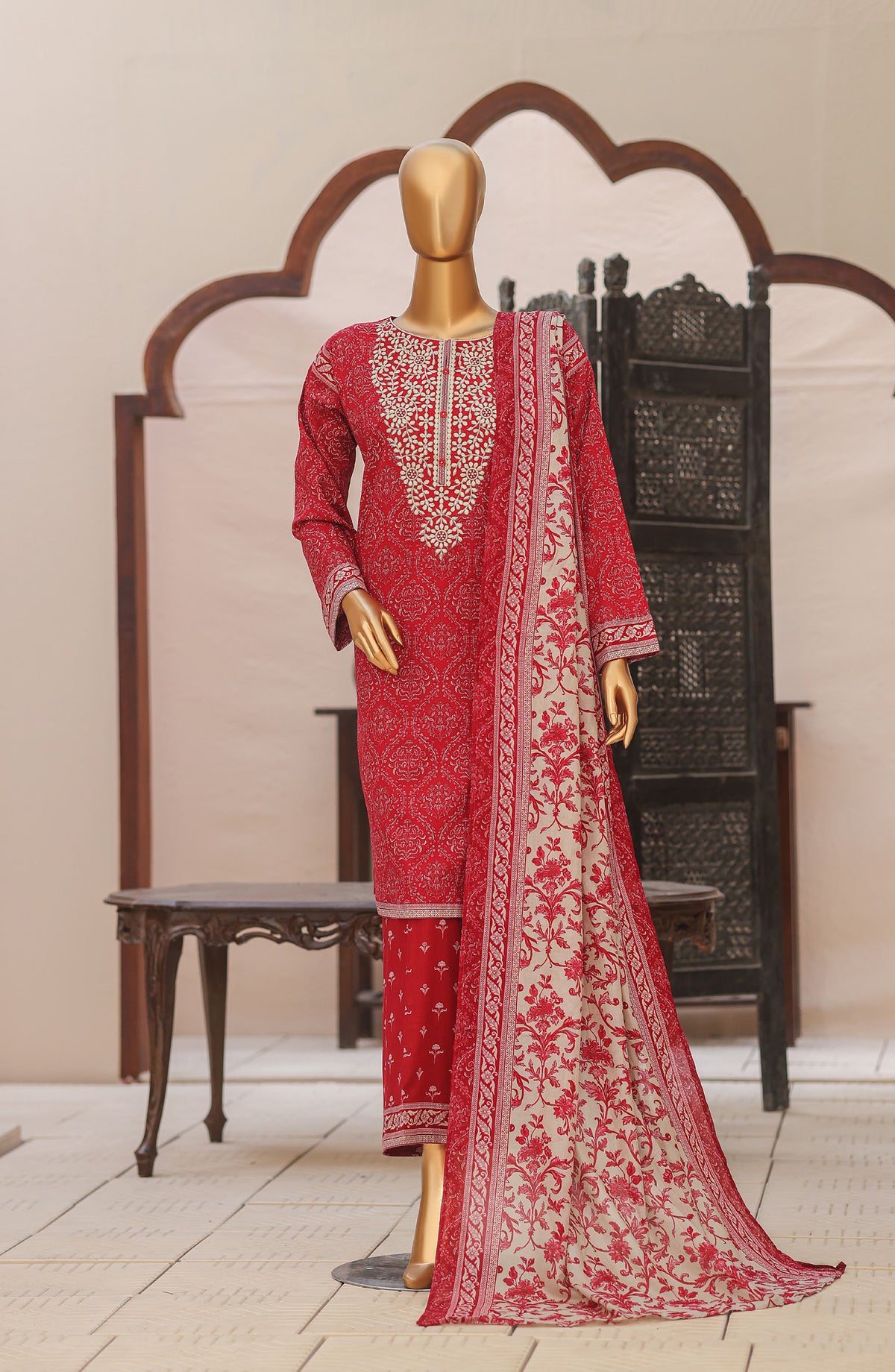 HZ Textile Premium Embroidered Lawn Unstitched 3 Piece Suit - Design-03 - HZ26DWR - Red - Summer Collection
