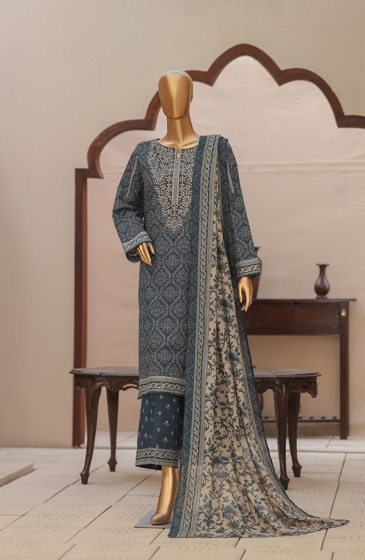 HZ Textile Premium Embroidered Lawn Unstitched 3 Piece Suit - Design-02 - HZ26DWR - Blue - Summer Collection