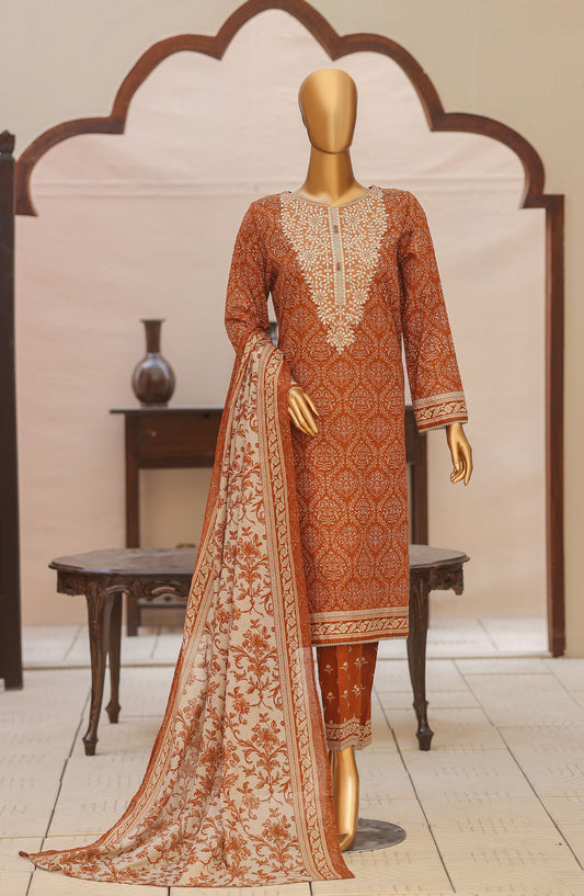 HZ Textile Premium Embroidered Lawn Unstitched 3 Piece Suit - Design-01 - HZ26DWR - Brown - Summer Collection