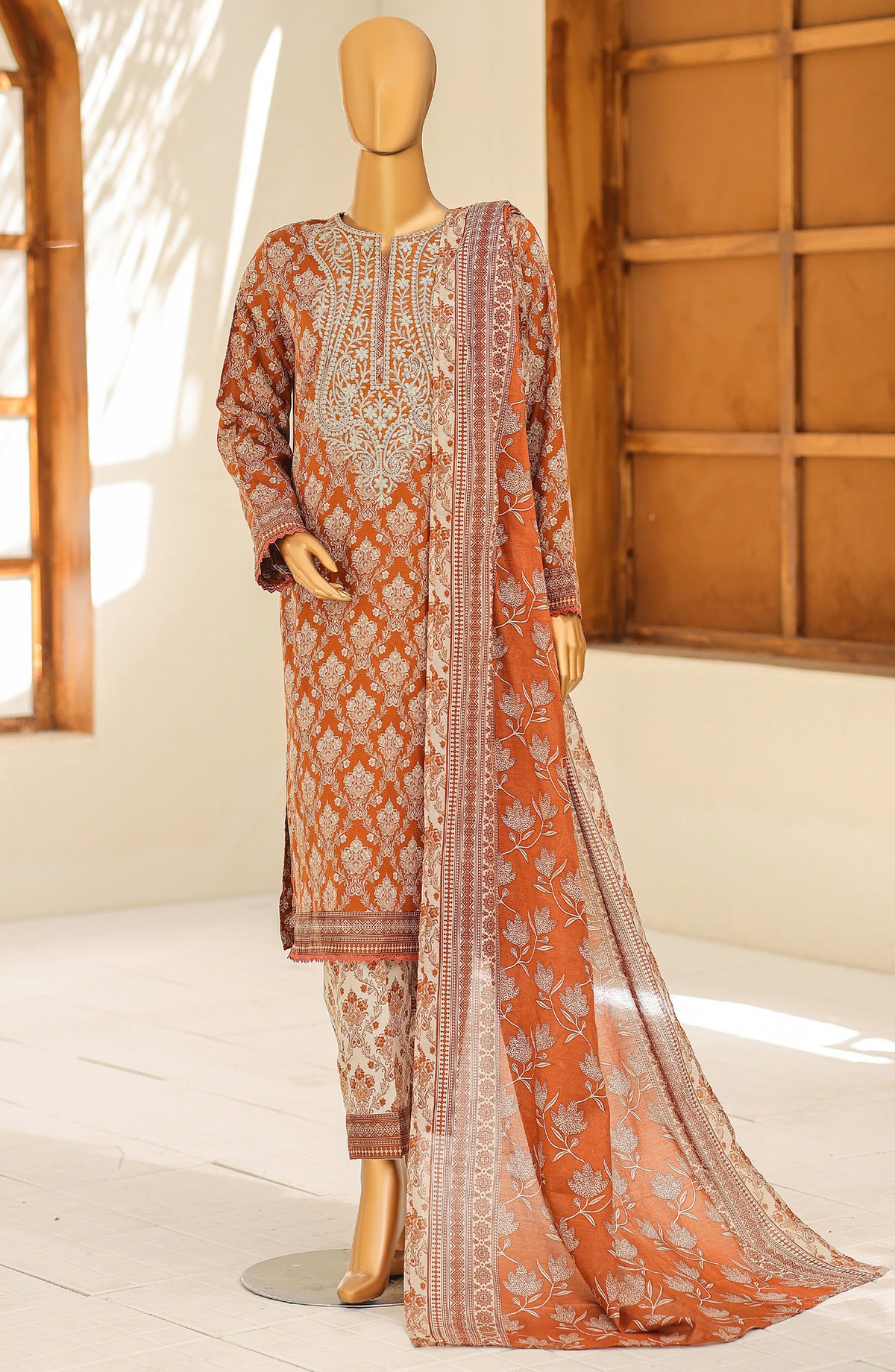 HZ Textile Premium Embroidered Lawn Unstitched 3 Piece Suit - D-04 - HZ26PRD - Rust - Daily Wear Collection