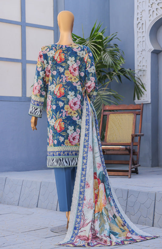HZ Textile Premium Embroidered Lawn Unstitched 3 Piece Suit - Design-13 - HZ26PMN - Blue - Summer Collection
