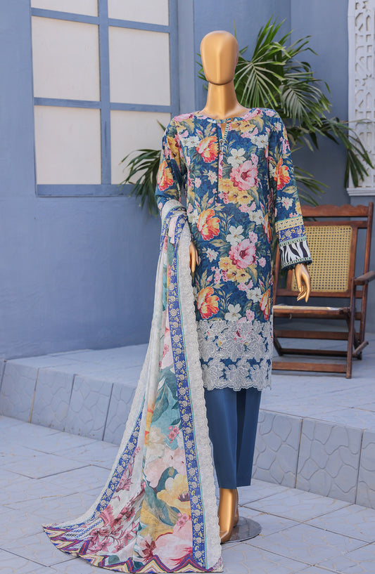 HZ Textile Premium Embroidered Lawn Unstitched 3 Piece Suit - Design-13 - HZ26PMN - Blue - Summer Collection