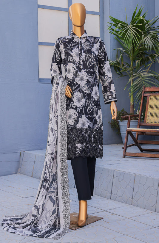 HZ Textile Premium Embroidered Lawn Unstitched 3 Piece Suit - Design-05 - HZ26PMN - Black - Summer Collection