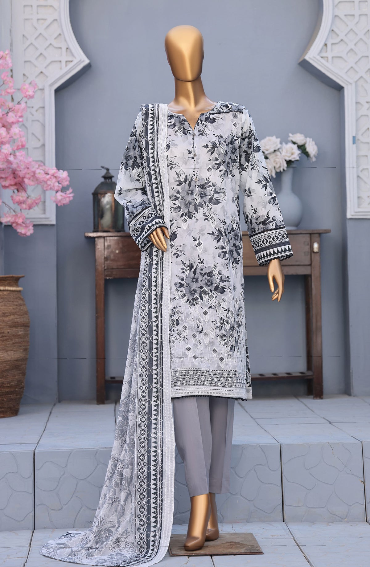 HZ Textile Premium Embroidered Lawn Unstitched 3 Piece Suit - Design-03 - HZ26PMN - White - Summer Collection