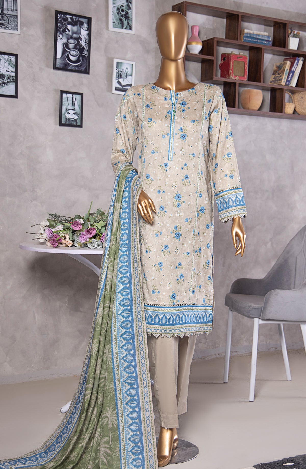 HZ Textile Platinum Digital Printed Lawn Unstitched 3 Piece Suit - PPC-406 - HZ25PLTDP - Beige - Summer Collection