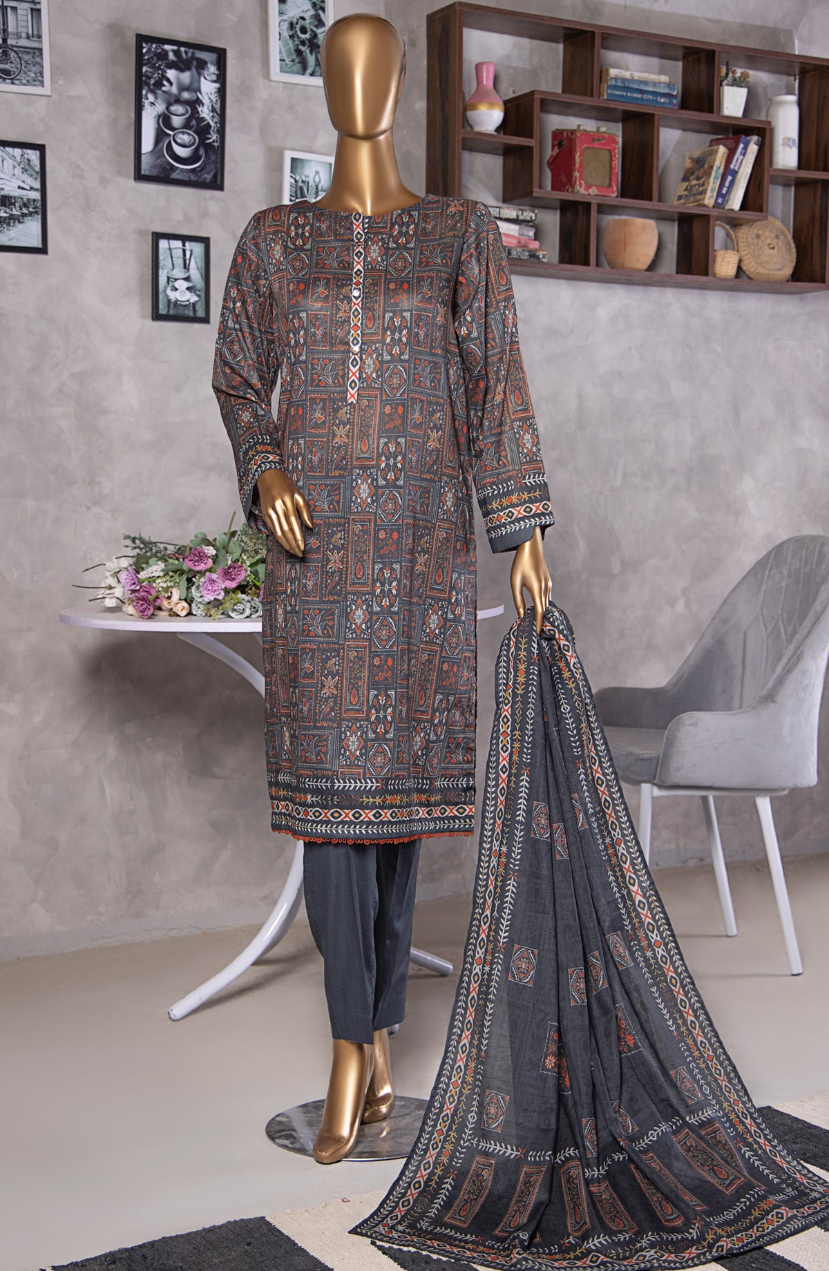 HZ Textile Platinum Digital Printed Lawn Unstitched 3 Piece Suit - PPC-408 - HZ25PLTDP - Grey - Summer Collection