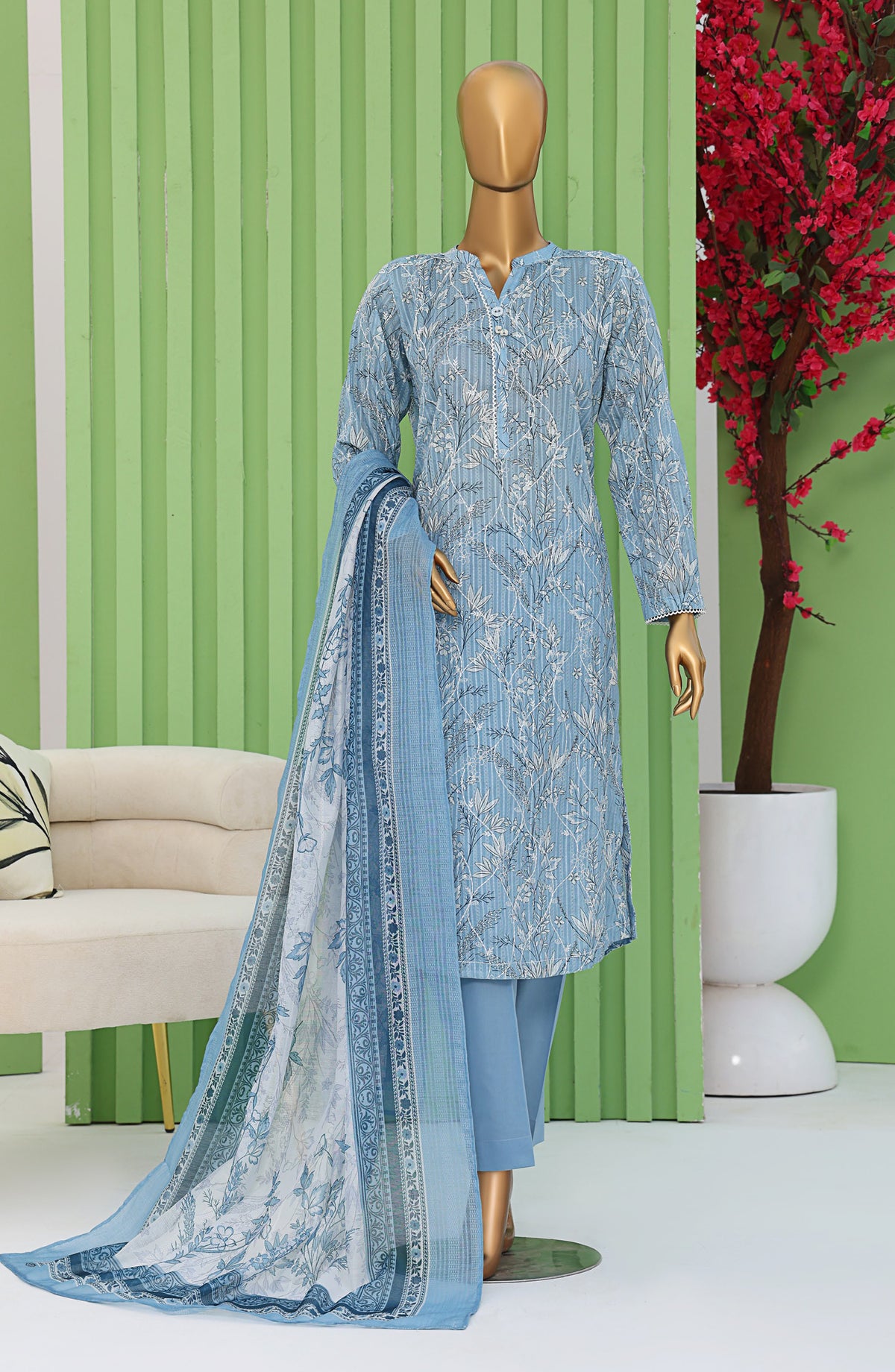 HZ Textiles Dhagakari Embroidered Lawn Unstitched 3 Piece Suit - DNE-102 - HZ26DHG - Blue - Summer Collection