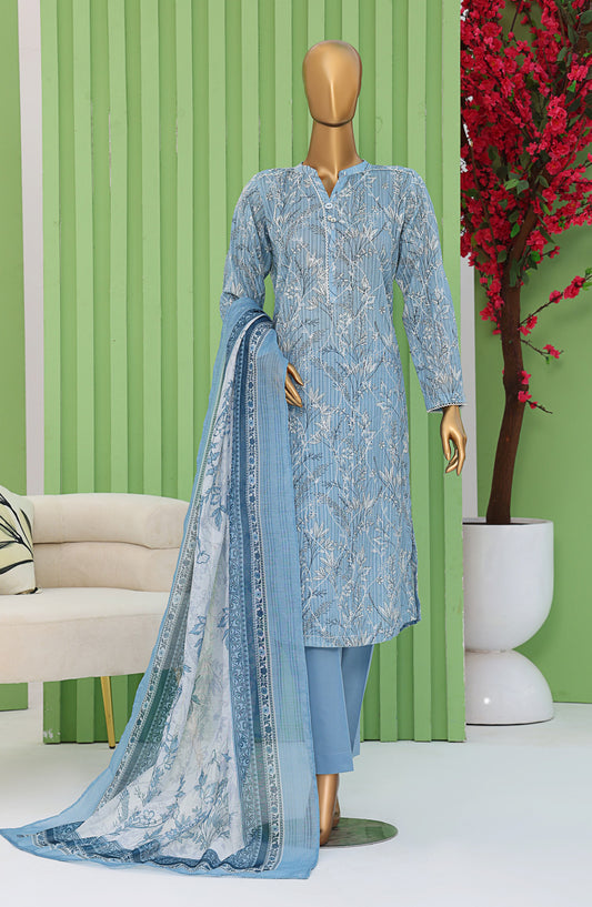 HZ Textiles Dhagakari Embroidered Lawn Unstitched 3 Piece Suit - DNE-102 - HZ26DHG - Blue - Summer Collection