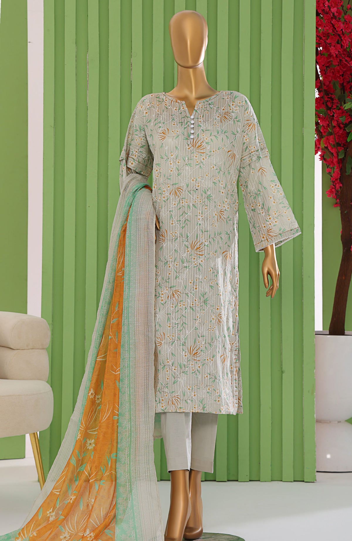 HZ Textiles Dhagakari Embroidered Lawn Unstitched 3 Piece Suit - DNE-103 - HZ26DHG - Grey - Summer Collection