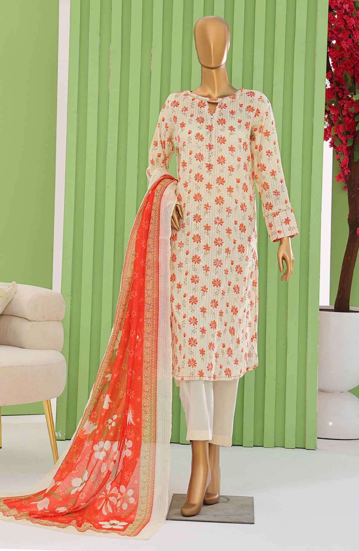 HZ Textiles Dhagakari Embroidered Lawn Unstitched 3 Piece Suit - DNE-101 - HZ26DHG - Fawn - Summer Collection