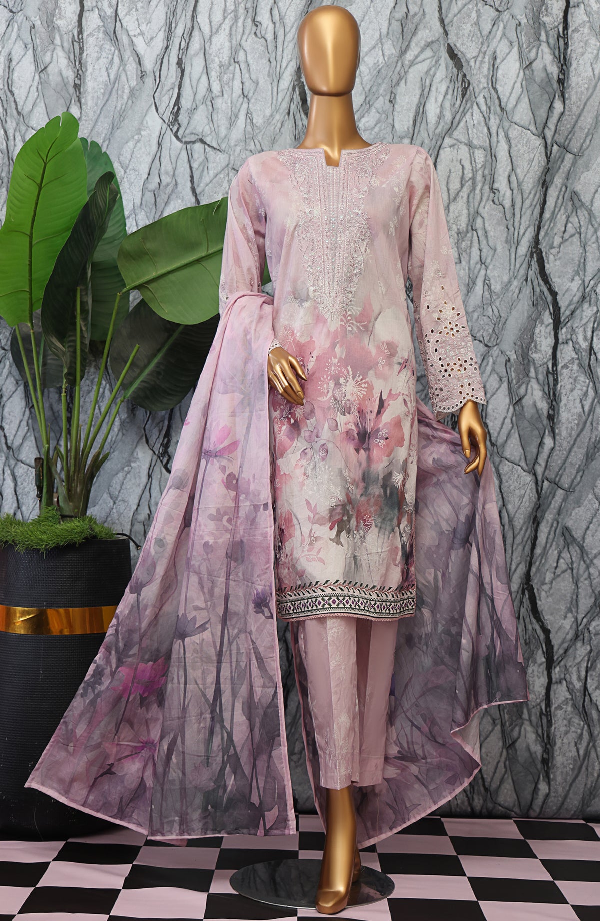 HZ Textiles Elegant Embroidered Lawn Unstitched 3 Piece Suit - D-07 - HZ26GTW - Pink - Summer Collection