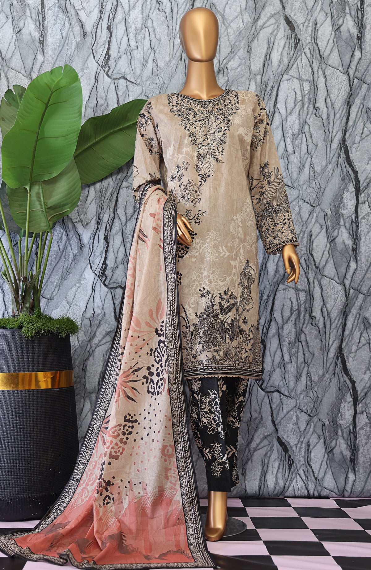 HZ Textiles Elegant Embroidered Lawn Unstitched 3 Piece Suit - D-03 - HZ26GTW - Beige - Summer Collection
