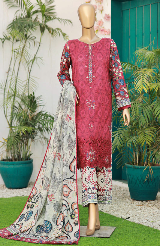 HZ Textiles Elegant Embroidered Lawn Unstitched 3 Piece Suit - Design-09 - HZ26ELGN - Red - Summer Collection