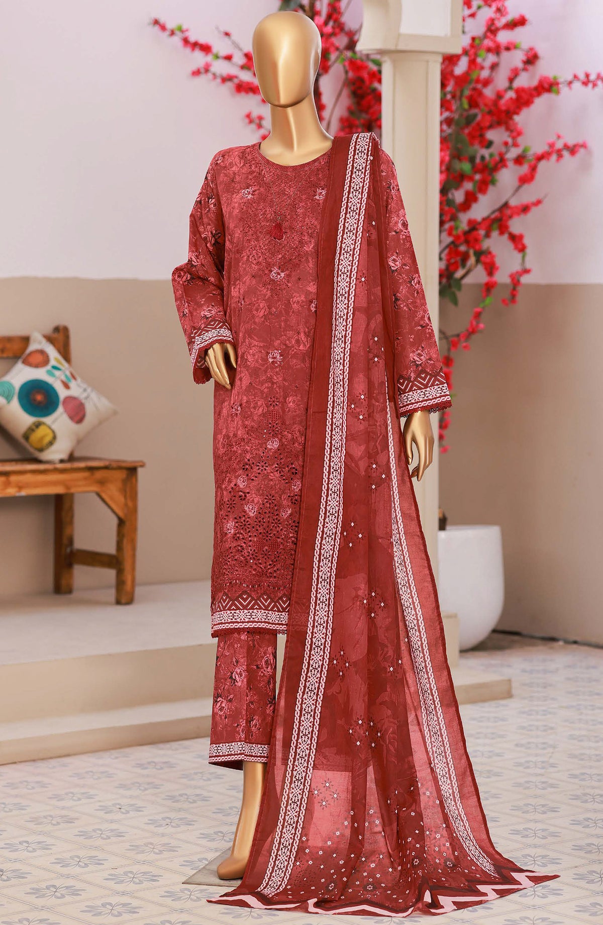 HZ Textiles Elegant Embroidered Lawn Unstitched 3 Piece Suit - Design-06 - HZ26ELGN - Red - Summer Collection
