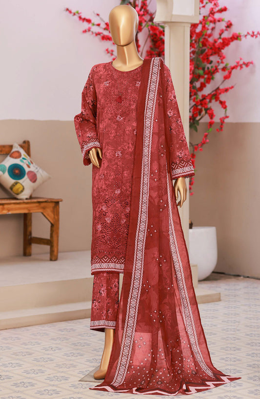 HZ Textiles Elegant Embroidered Lawn Unstitched 3 Piece Suit - Design-06 - HZ26ELGN - Red - Summer Collection