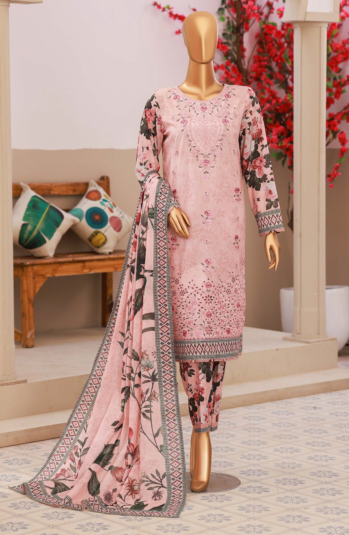 HZ Textiles Elegant Embroidered Lawn Unstitched 3 Piece Suit - Design-05 - HZ26ELGN - Pink - Summer Collection