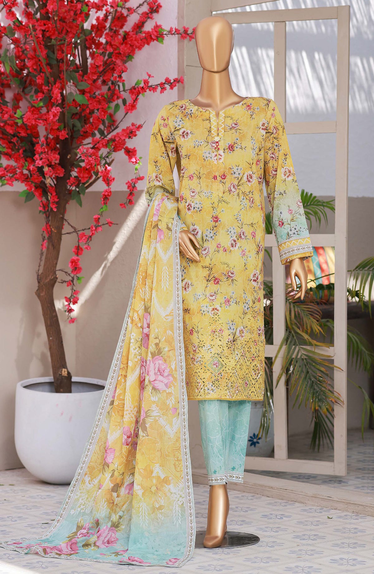 HZ Textiles Elegant Embroidered Lawn Unstitched 3 Piece Suit - Design-01 - HZ26ELGN - Yellow - Summer Collection