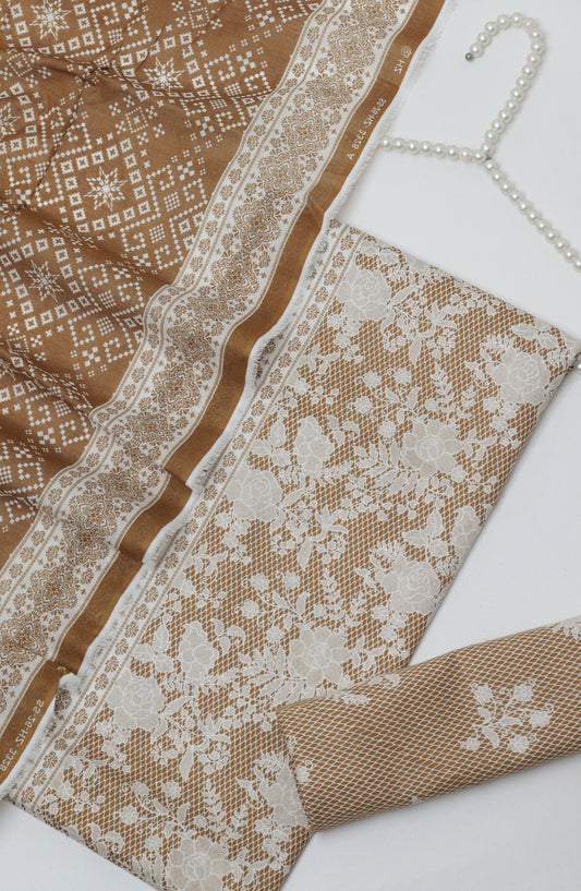 HZ Printed Cambric Unstitched 3 Piece Suit - D-27 - HZ26CMO - Brown - Summer Collection