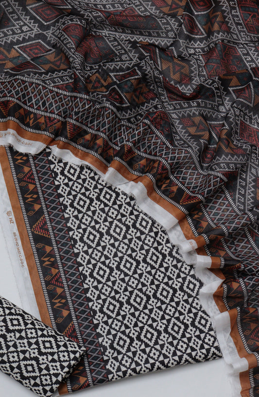 HZ Printed Cambric Unstitched 3 Piece Suit - D-06 - HZ26CMO - Black - Summer Collection