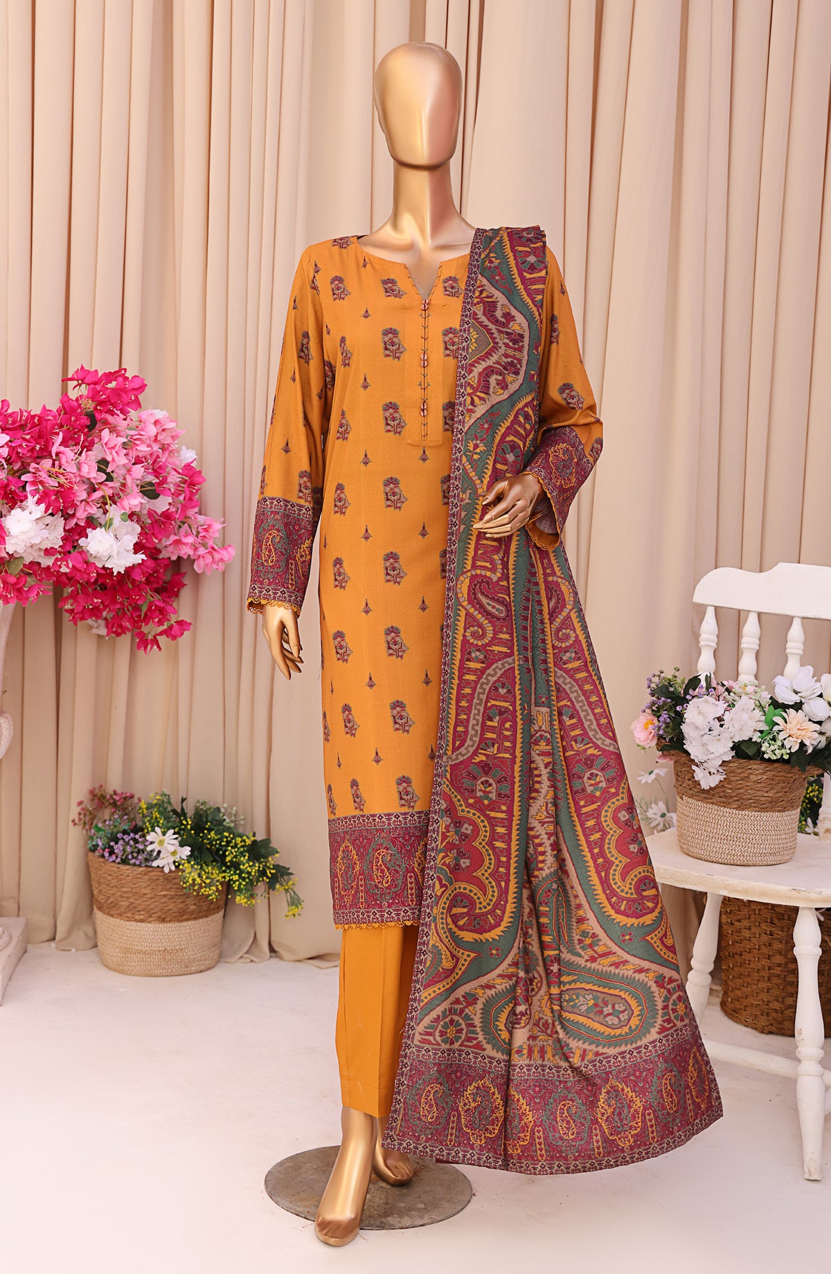 HZ Textile Digital Printed Linen Slub Unstitched 3 Piece Suit - LSD-309 - HZ25LNSL - Mustard - Winter Collection