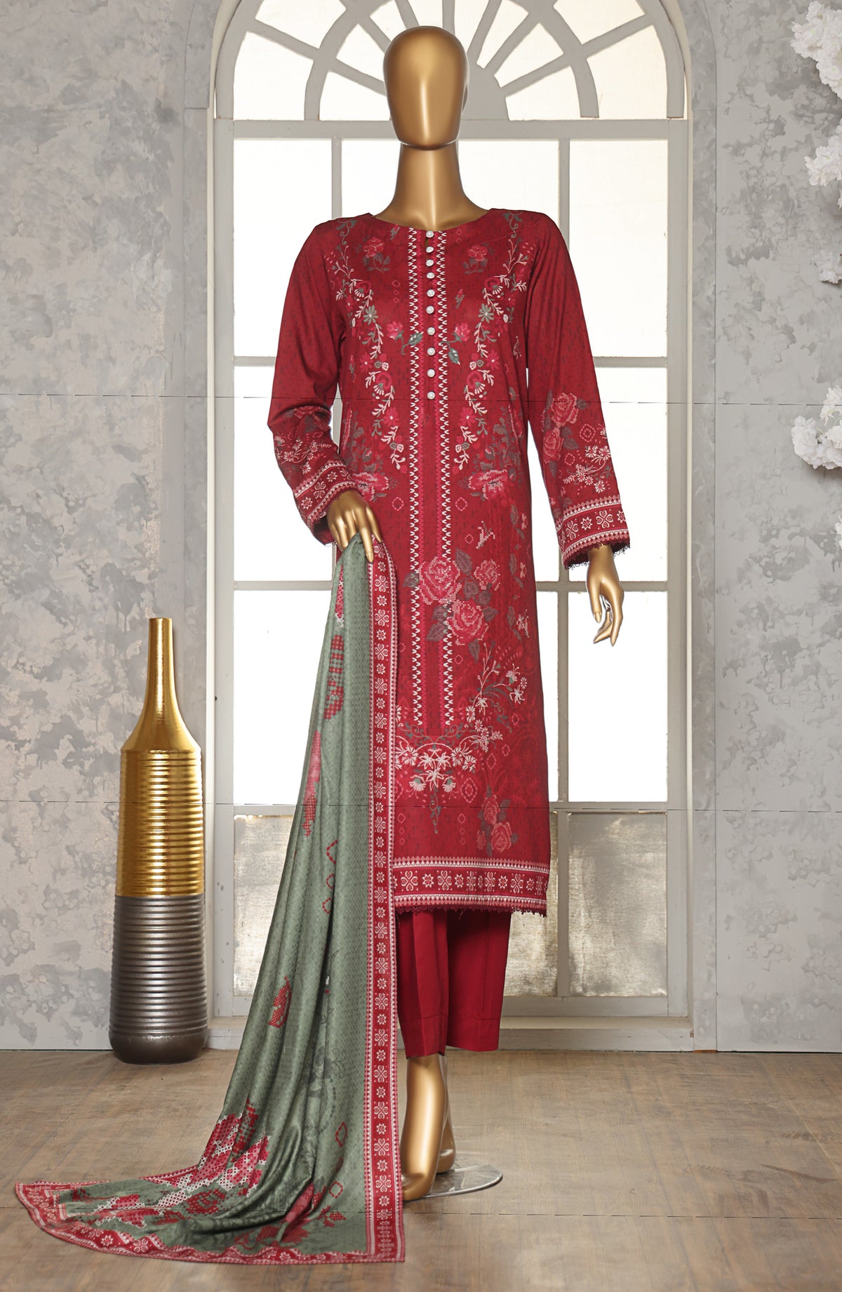 HZ Textile Digital Printed Linen Slub Unstitched 3 Piece Suit - LSD-307 - HZ25LNSL - Red - Winter Collection