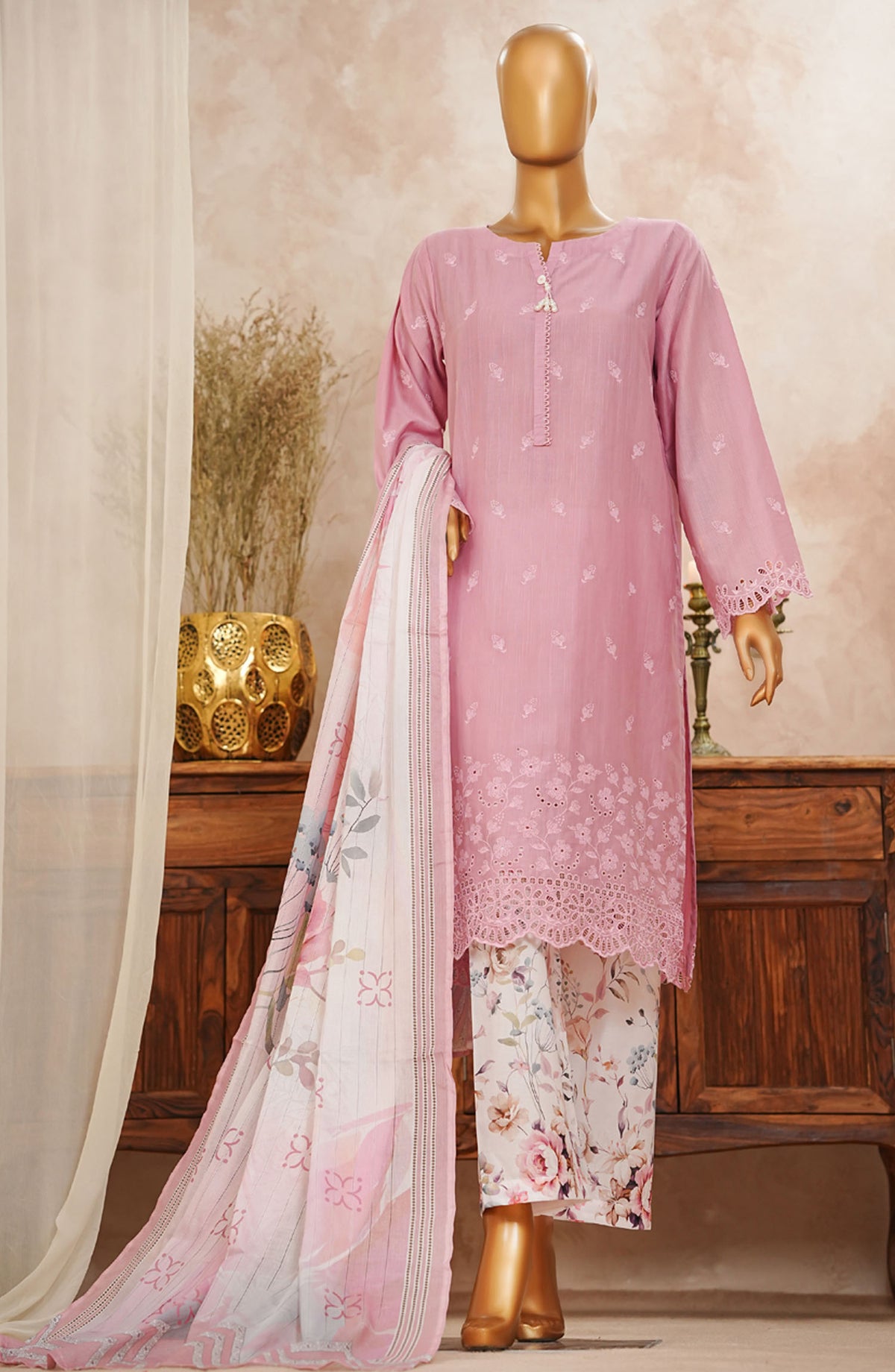 HZ Textile Chikankari Slub Stitched 3 Piece Suit - SSPE-3P-006 Tea Pink - HZ25CHKSS - Summer Collection