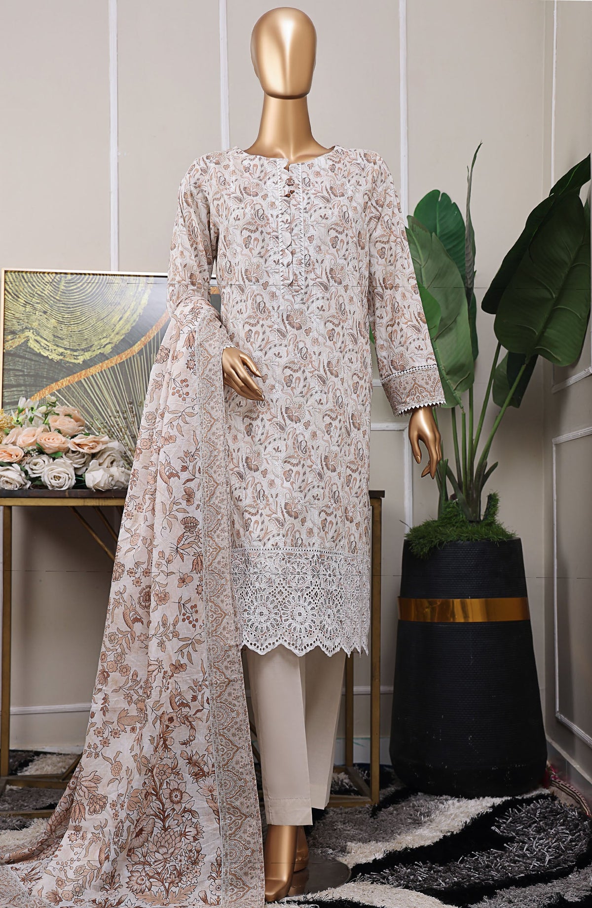 HZ Textile Chikankari Lawn Unstitched 3 Piece Suit - PCP-532 - HZ25PCPUL - Beige - Summer Collection